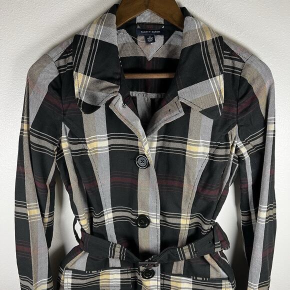 Tommy Hilfiger Flannel Plaid Belted Button-Down Cozy Plaid Jacket Trench Coat XS - Picture 2 of 13